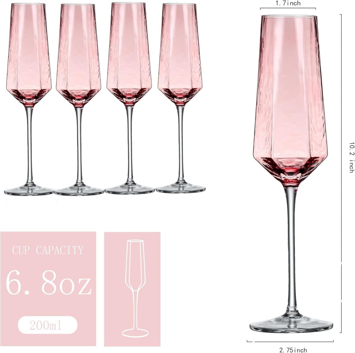 Luminthra 8 Oz. Blue Crystal Champagne Flutes, Elegant Flutes Set of 2 for Weddings, Anniversaries, and Christmas (Blue) (Pink,2 count)