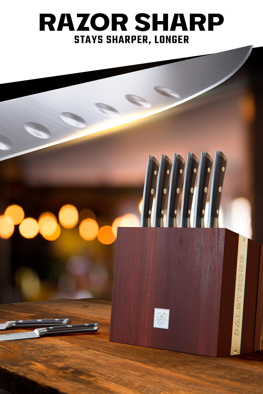 Dalstrong Steak Knife Set - 8 Piece - 5-Inch Straight Edge Blade - Gladiator Series Elite - Forged High-Carbon German Steel Dinner Kitchen Knife - Black G10 Handle - Folding Block Set - NSF Certified