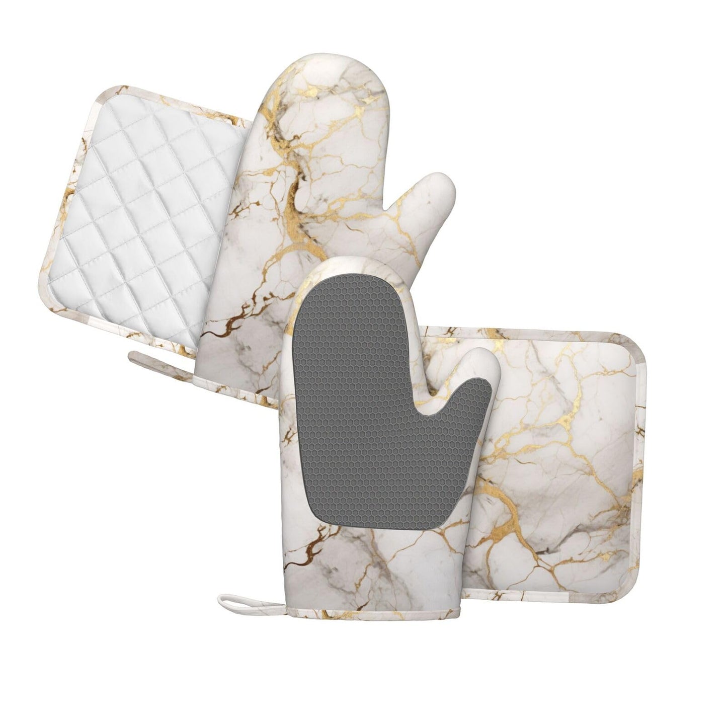 Oven Mitts and Pot Holders Marble Gray Gold White Silicone Kitchen Accessories Set of 4 Heat Resistant Long Gloves Potholder Non-Slip Grip for Chef Cooking Baking Grilling BBQ