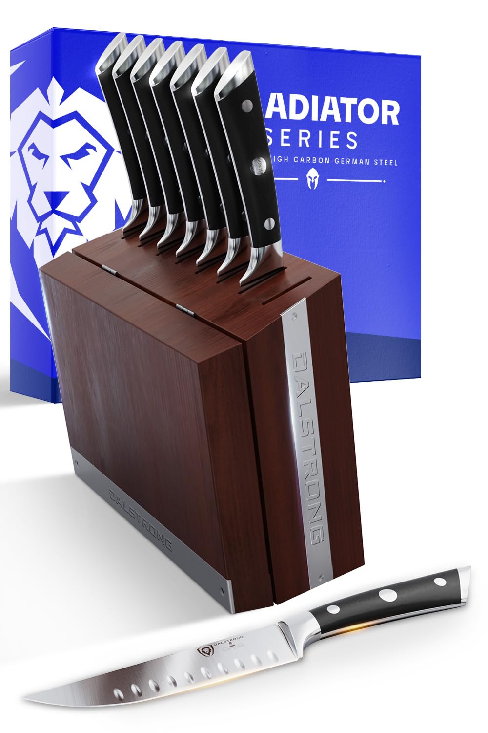 Dalstrong Steak Knife Set - 8 Piece - 5-Inch Straight Edge Blade - Gladiator Series Elite - Forged High-Carbon German Steel Dinner Kitchen Knife - Black G10 Handle - Folding Block Set - NSF Certified
