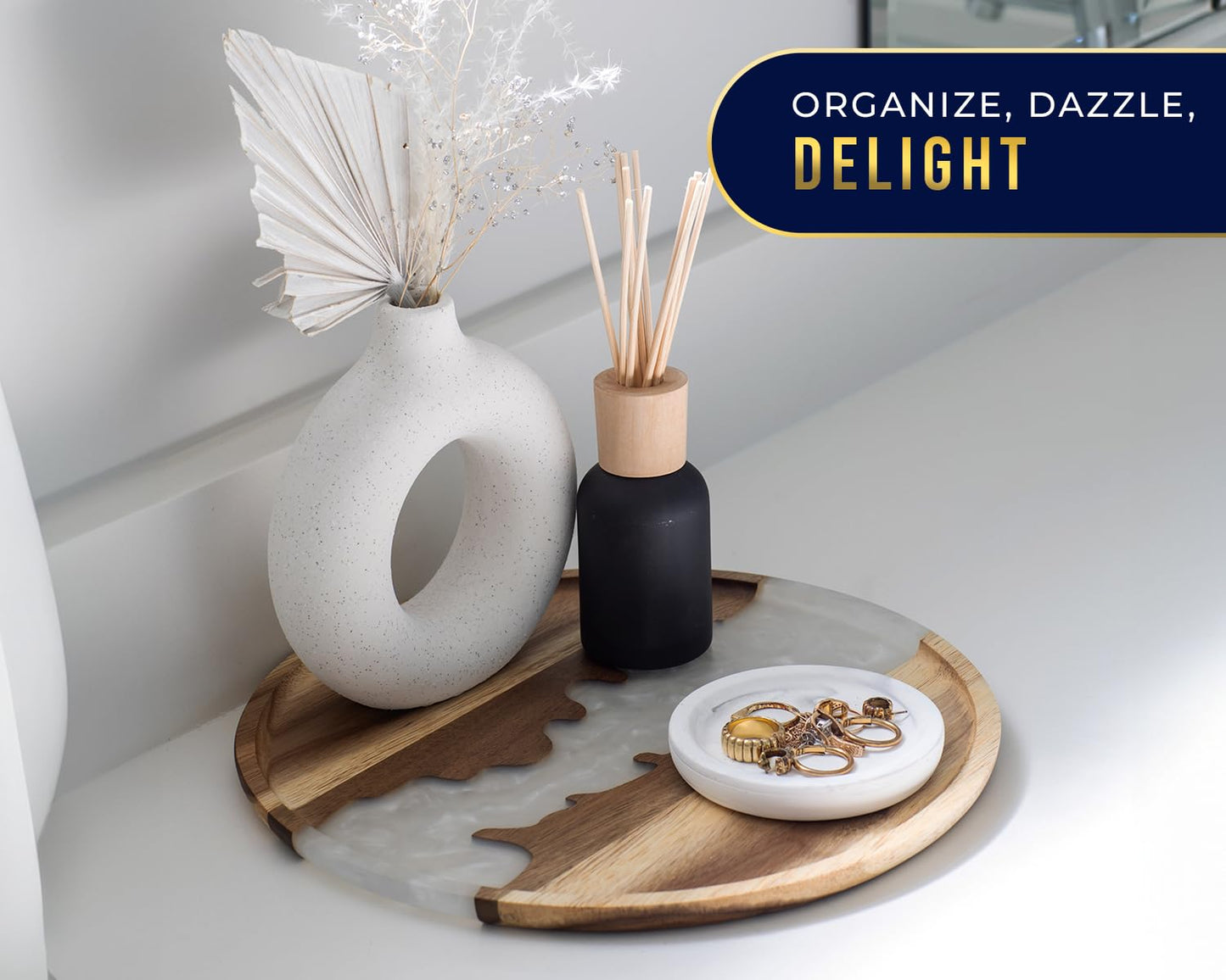 Visually Stunning Pearl White Resin + Acacia Wood Serving Tray - Modern Round 12" Serving Tray for Food, Breakfast in Bed, Coffee Table, Decor, Organization, Snacks, Patio, Lap Tray