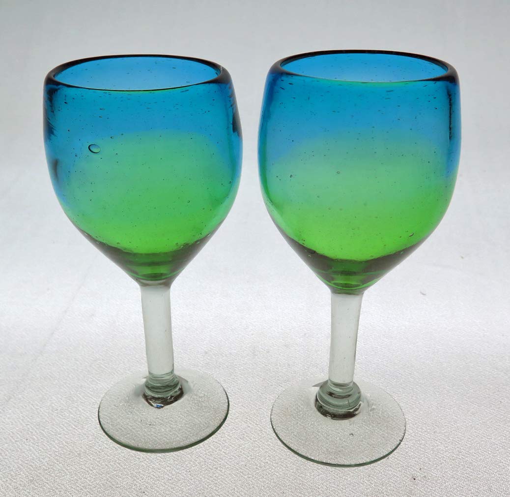 Eye4Art Wine glasses, Hand Blown, Turquoise and Green Fade, 10 oz