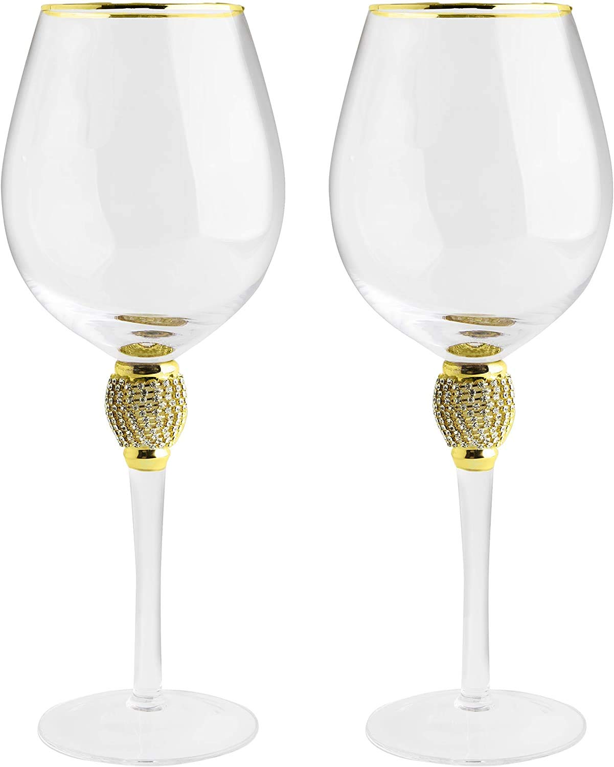 The Wine Savant Large Diamond Wine Glasses, Gold Rim Rhinestone Diamond Glasses - Wedding Glasses - 15 Ounce, Premium Designed Wine Glasses for Spirits and Wine, Gift Boxed (2, Clear)