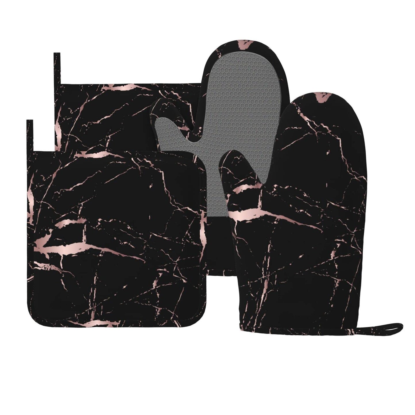 Oven Mitts and Pot Holders Rose Gold Marble Black Silicone Kitchen Accessories Set of 4 Heat Resistant Long Gloves Potholder Non-Slip Grip for Chef Cooking, Baking, Grilling, BBQ