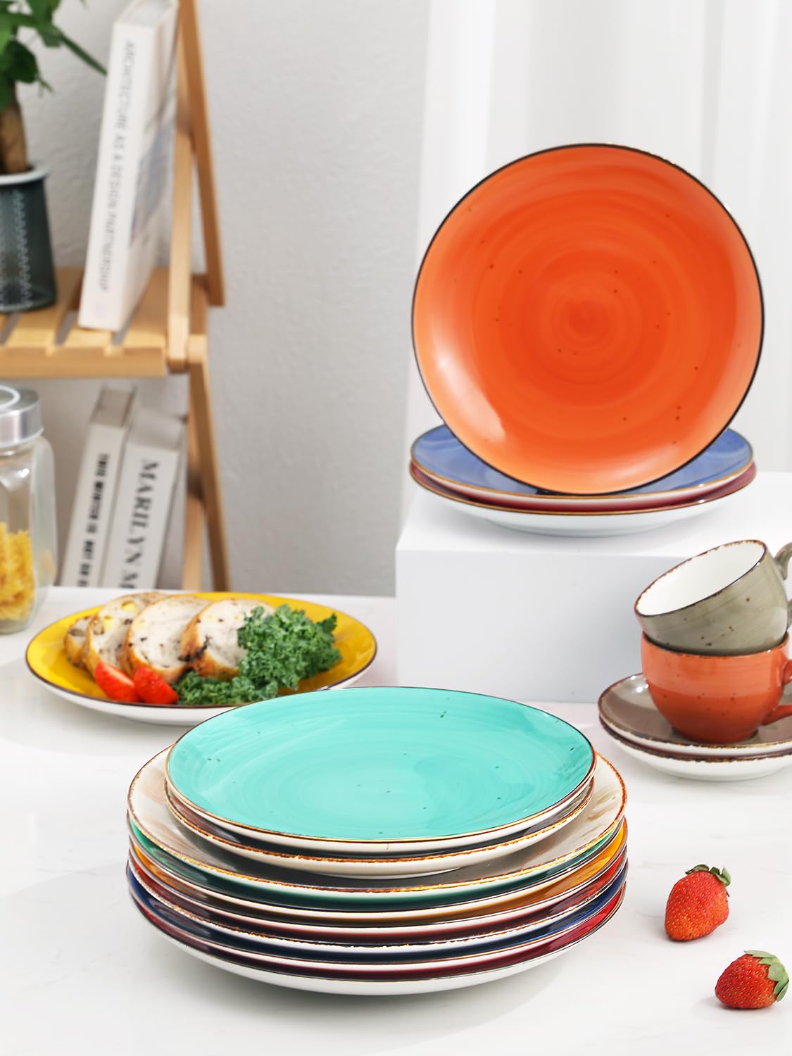 Yedio Dinner Plates, 10.4 Inch Porcelain Plates for Salad, Dessert, Appetizer, Pasta, Kitchen Serving Round Dishes, Microwave, Oven, Dishwasher Safe, Modern Colorful, Hand Painted, Set of 6