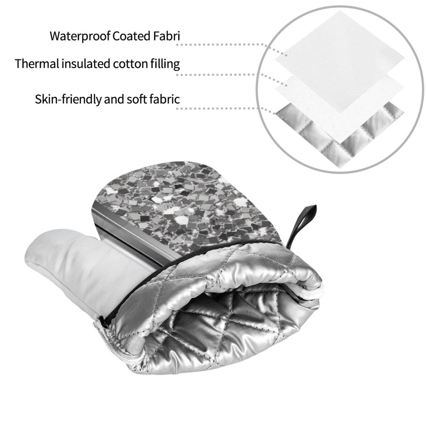 Silver Sparkle Glam Bling Oven Mitts and Pot Holders 4 Pcs Set,High Heat Resistant 500 Degree Extra Thicken Long Kitchen Cotton Oven Glove for Cooking