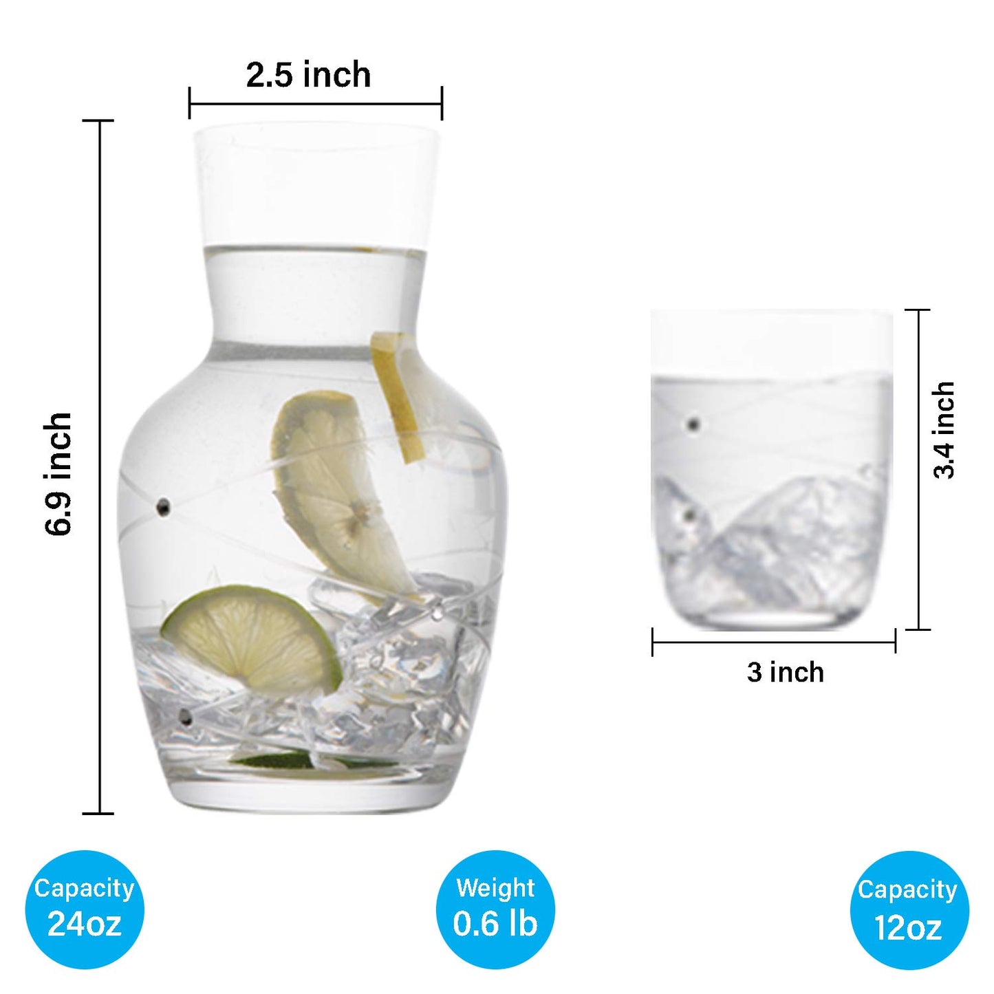 Trinkware Calici Nightstand Water Carafe With Tumbler - Etched Swirl Design With Stones - 2-Piece Water Set Pitcher and Cup