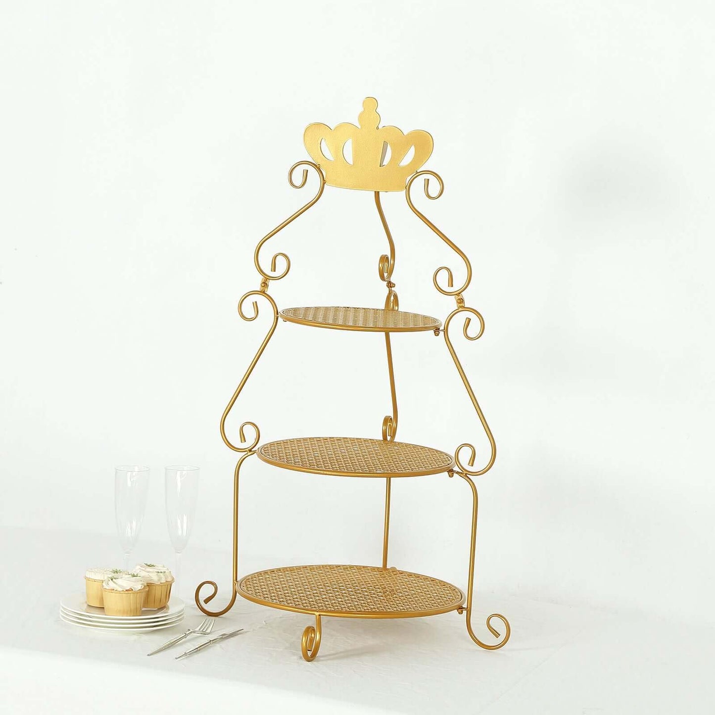 Efavormart 3-Tier Round Gold Metal Cake Stand with Crown Top, Cupcake Holder Dessert Display Stand - 32" Tall