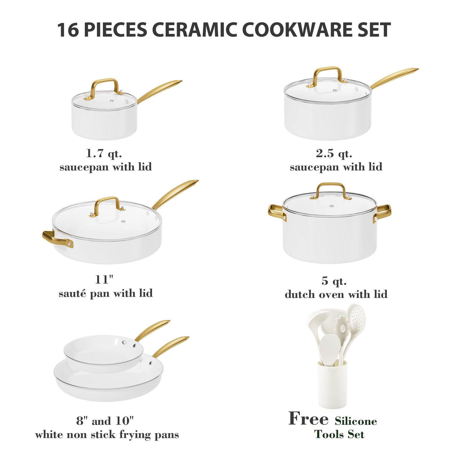 Ceramic Cookware Set, Voniki 16 Pcs Pots and Pans Set Non Stick, Kitchen Cookware Sets with Cooking Utensils Set, Non Toxic Cookware Set White Gold Pan Set for Cooking Pot Oven & Dishwasher Safe, Gift