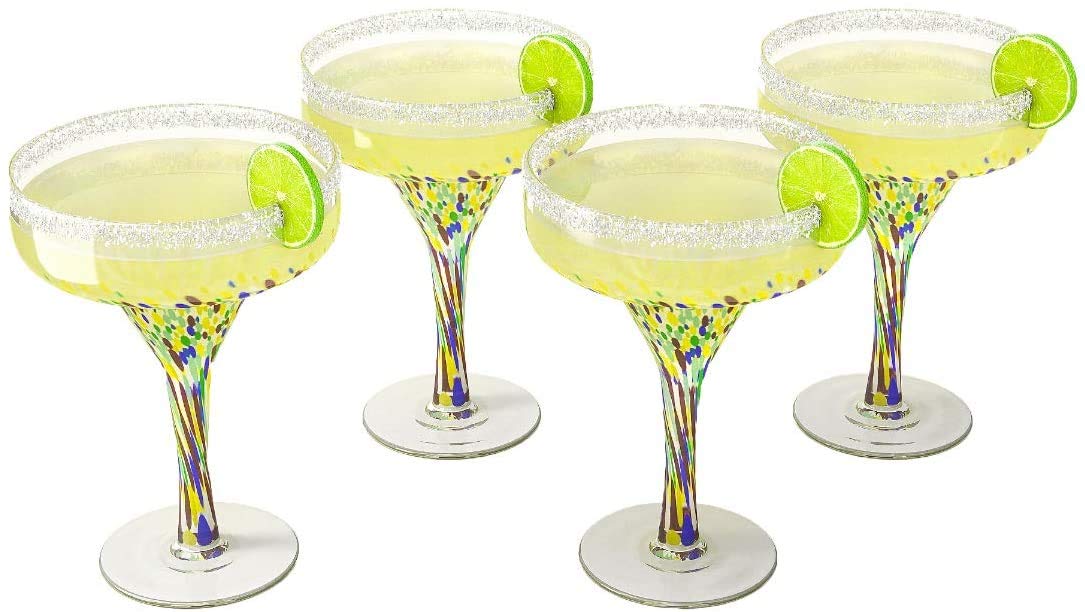 Margarita Glasses – Set of 4 - Luxury Hand Blown Confetti Margaritas, Cocktails, Water, Wine, Dessert, Martini & Champagne Cinco de Mayo, Hand Blown - Mexican Confetti Design Glass, Party, Home & Bar