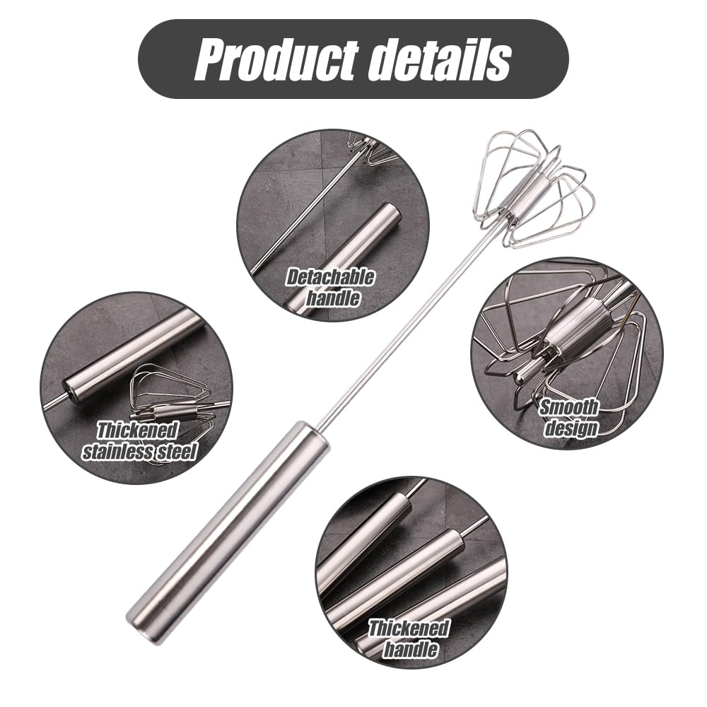 Stainless Steel Semi-Automatic Whisk, Stainless Steel Egg Whisk Hand Push Rotary Whisk Blender, Semi Automatic Whisk Hand Push Spinning Whisk for Cooking Kitchen Home Egg Milk (12 in)