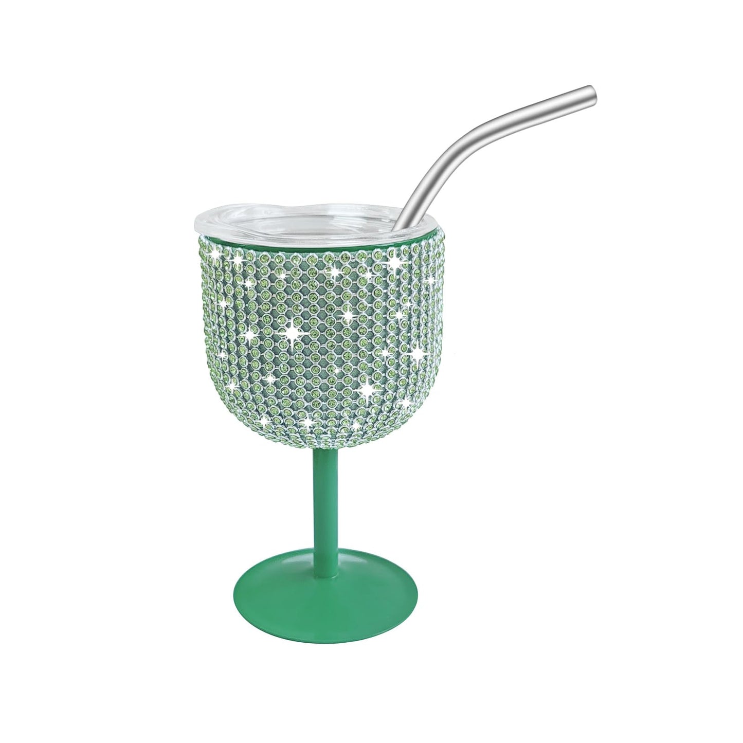 INSTOME Rhinestone Stainless Steel Wine Glasses,4oz Bling Stemmed Stainless Steel Wine Tumbler with Lid and Straw for Camping,Picnics,Travel,Birthday Gifts for Family (green, 4oz)