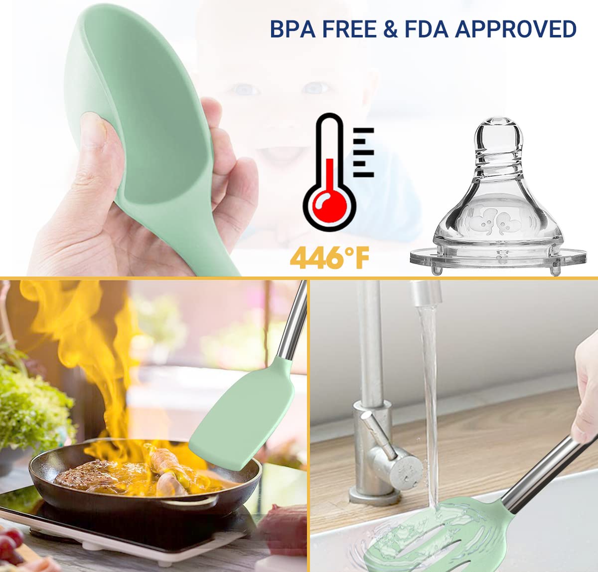 Green 24-Piece Silicone Cooking Utensil Set, Fungun Non-stick Kitchen Utensil 24 Pcs Cooking Utensils Set, Heat Resistant Cookware, Silicone Kitchen Tools Gift with Stainless Steel Handle (Green-24pcs)