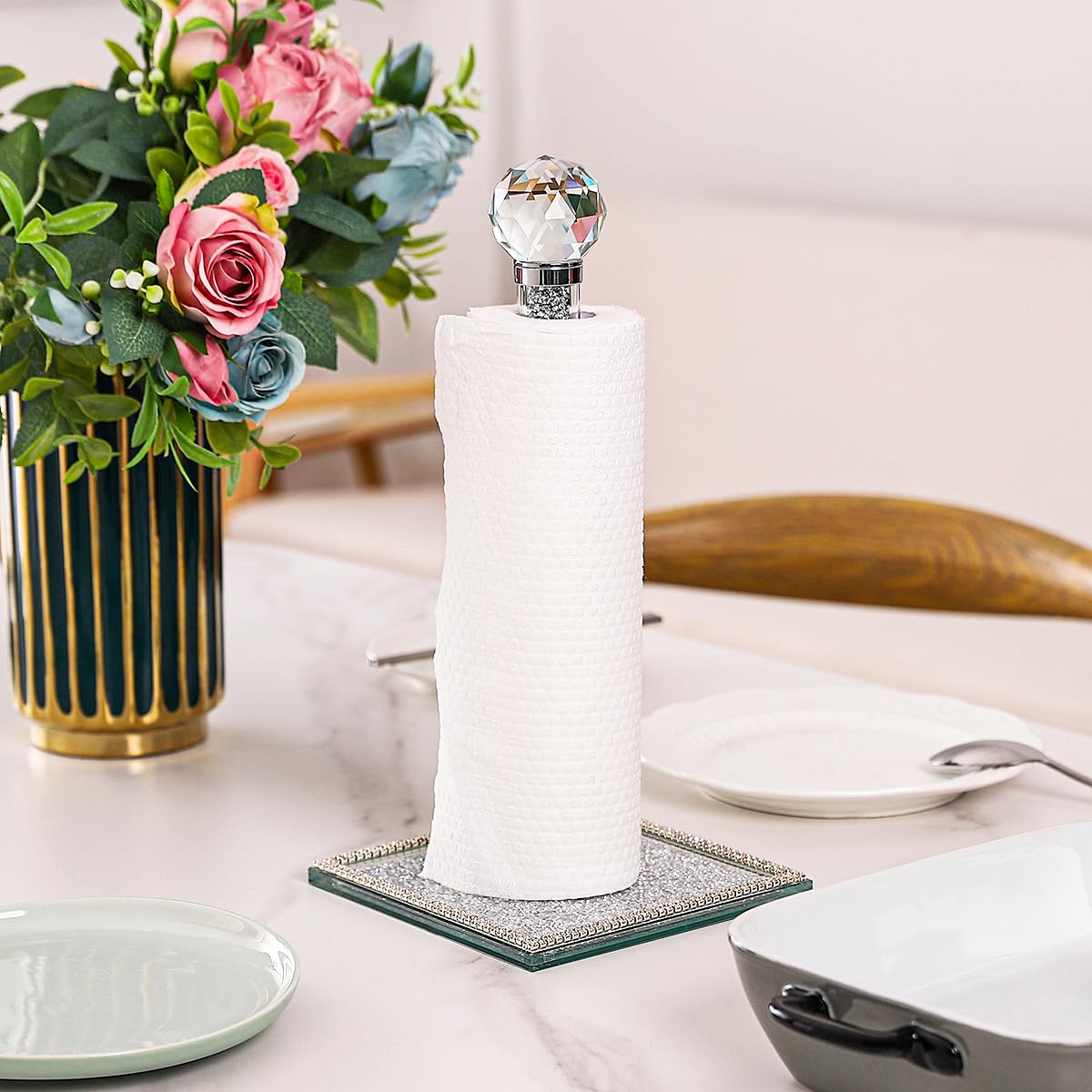 Hochance Silvery Crystal Standing Paper Towel Roll Holder Countertop Weighted Rack,Glam Cute Bling Rhinestone Jeweled Diamonds Modern Decoration Christmas Housewarming Gifts for Kitchen Home Bar