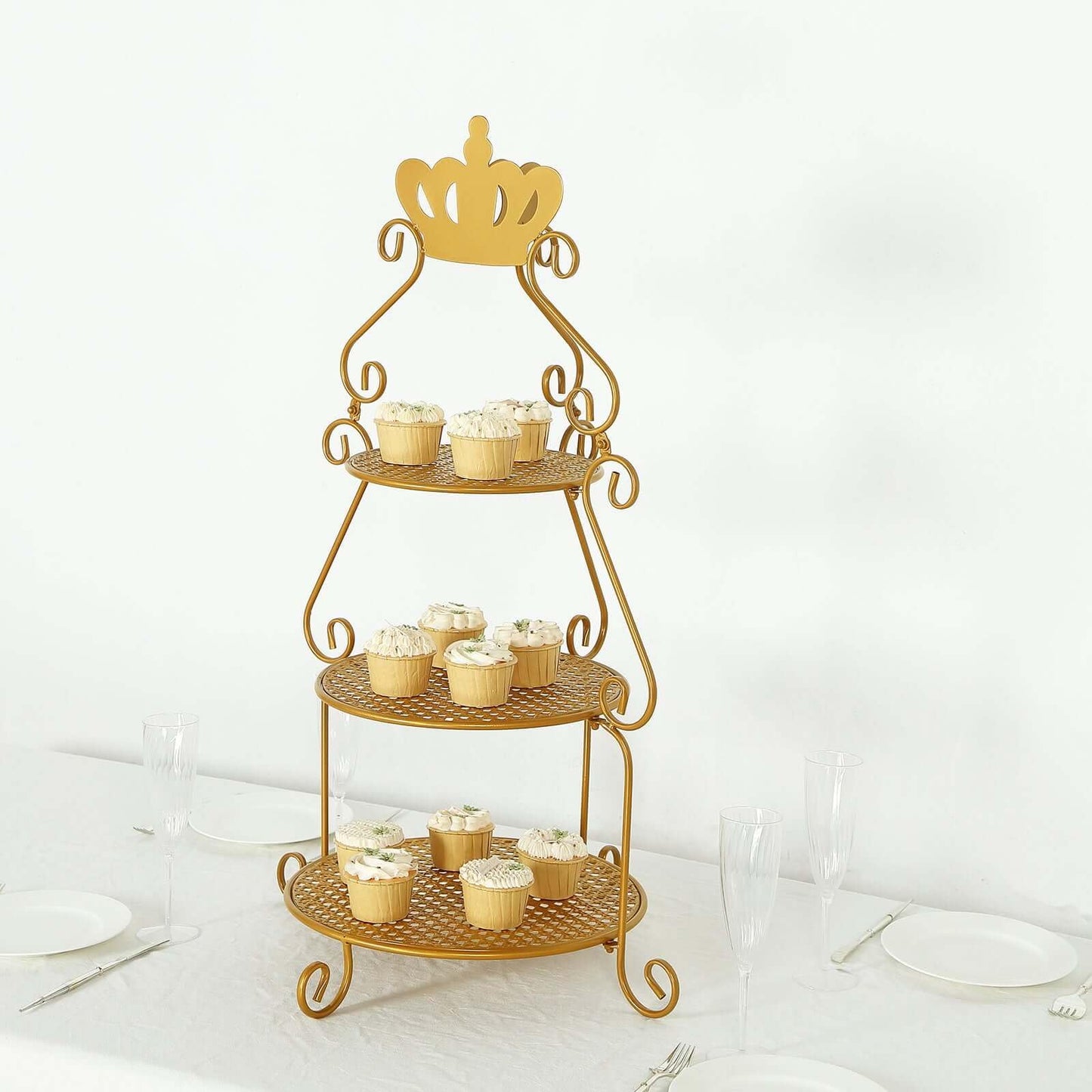 Efavormart 3-Tier Round Gold Metal Cake Stand with Crown Top, Cupcake Holder Dessert Display Stand - 32" Tall