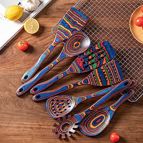 Gudamaye Pakkawood 7-Piece Blue Wooden Cooking Utensils - Wooden Spoons, Kitchen Utensil Set, Non-Stick Spoons