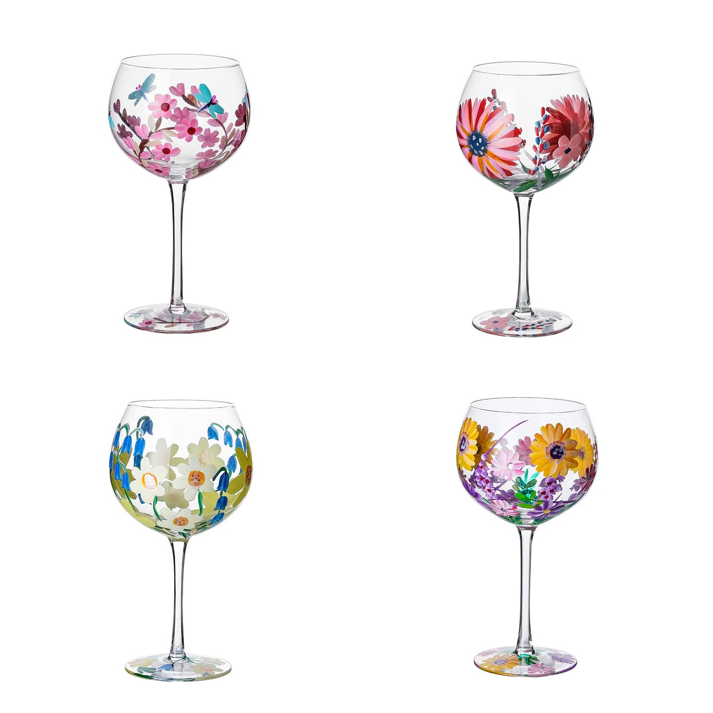 Hand-Painted Wine Glasses, Colorful Watercolor Flowers Artisan Painted, 20 Oz. Mixed Set of 4 Personalized Artisan Painted Different Flowers