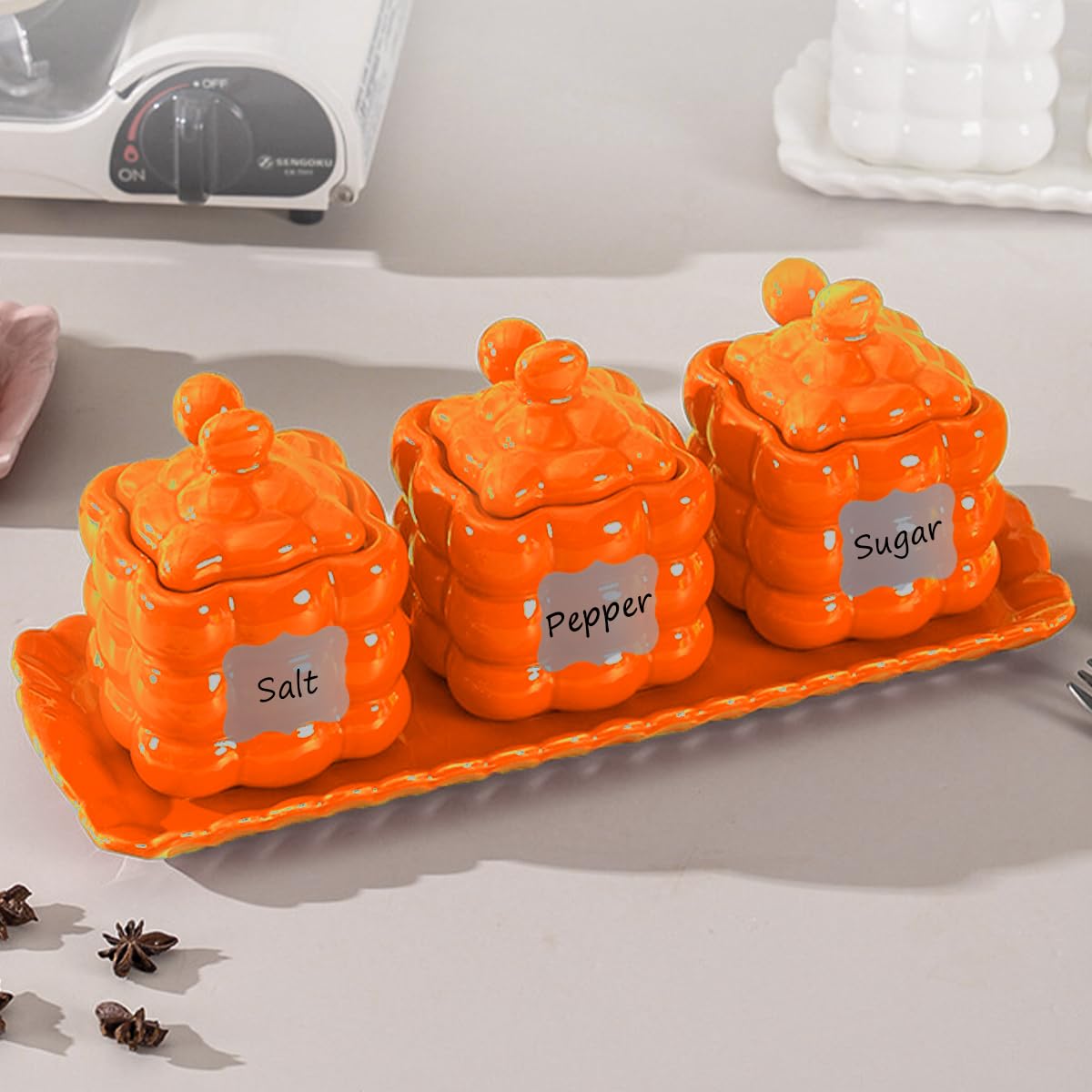 Fvstar Orange Sugar Bowl with Lid, Spoon and Tray, 3-Piece Orange Ceramic Coffee Sugar Container Set, Kitchen Salt Pepper Storage Jars, Porcelain Salt Bowls Set for Home Kitchen Countertop Coffee Bar
