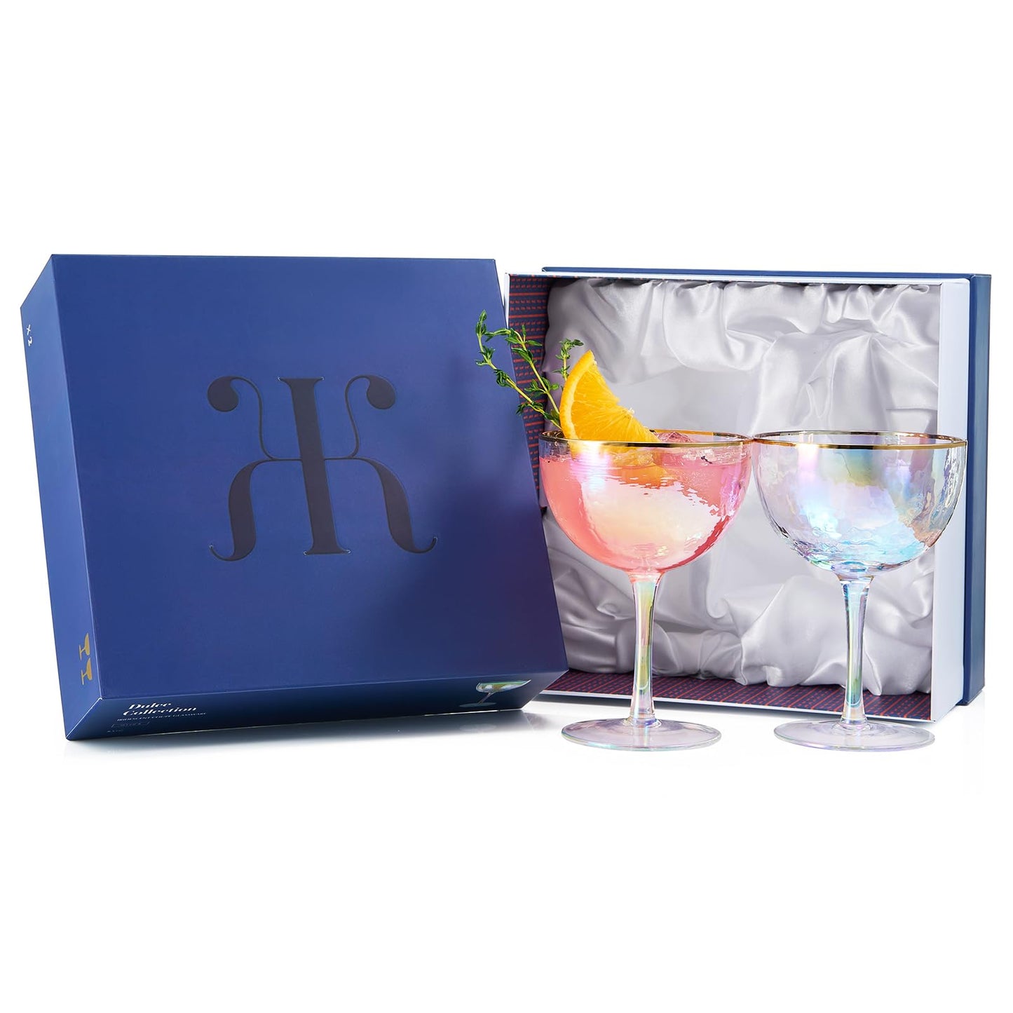Festive Lustered Iridescent Hammered Coupe Glasses - Set of 2 - Gold Rim 8 5oz Colorful Champagne Glasses - Anniversaries, Birthday Gift, Cocktail Party Radiance - Water, Wine, Cosmopolitan, Barware