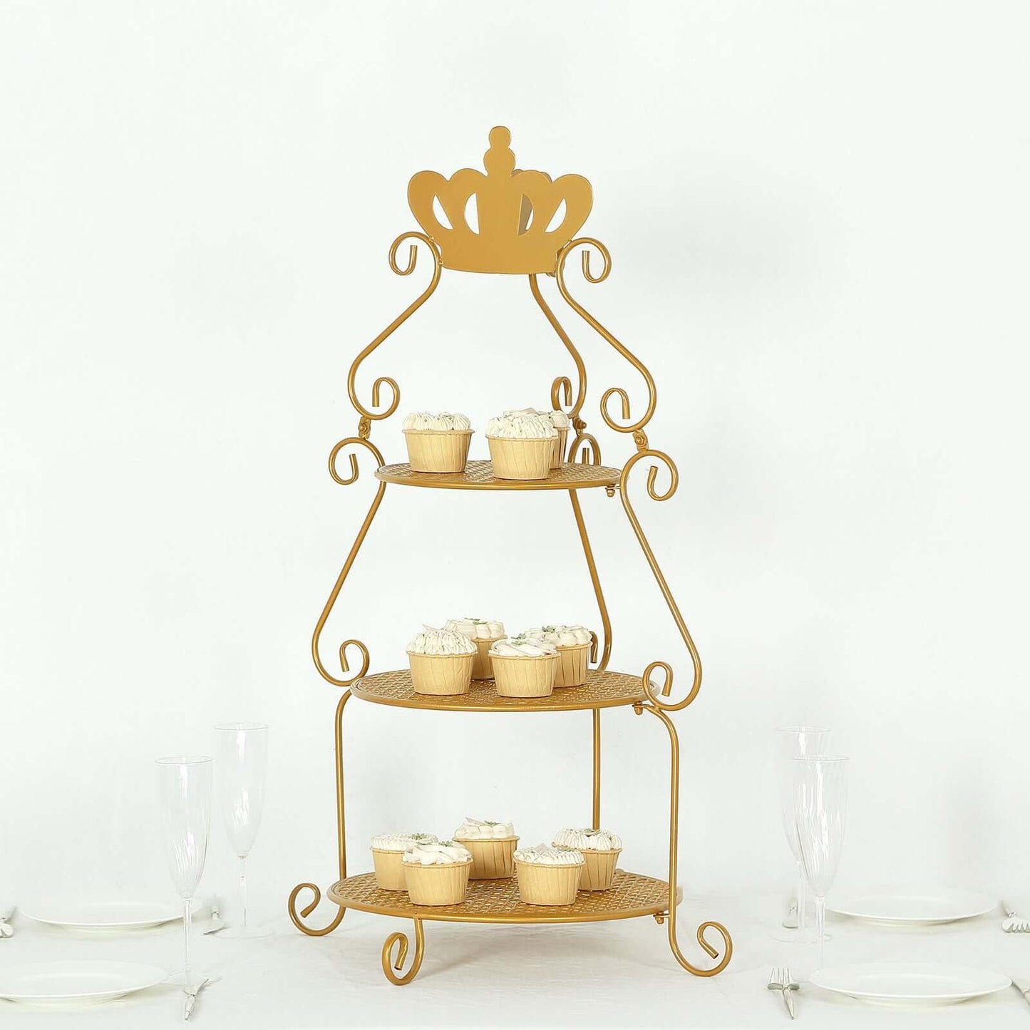 Efavormart 3-Tier Round Gold Metal Cake Stand with Crown Top, Cupcake Holder Dessert Display Stand - 32" Tall