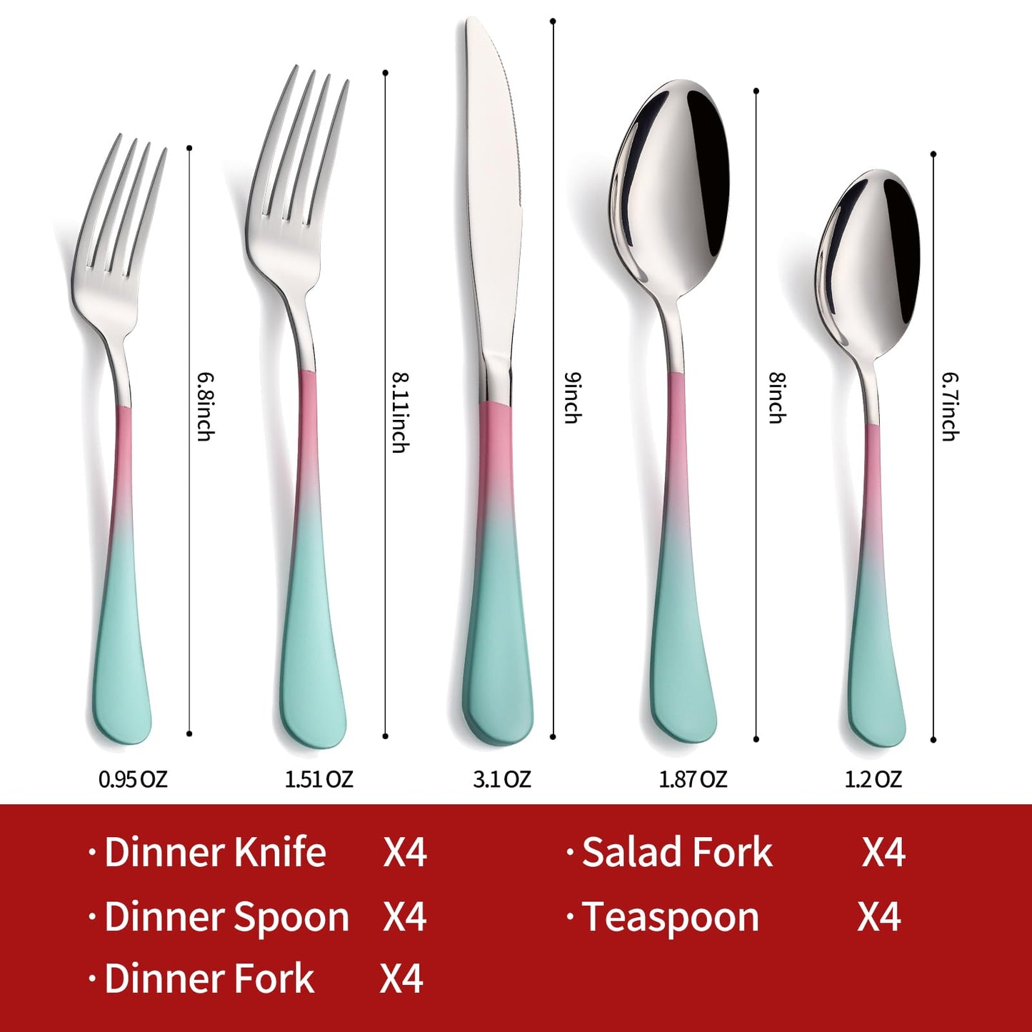 Unique Pink and Aqua 20-Piece Silverware Set 18/0 Stainless Steel Flatware Pink and Green Handle Cutlery Set Service for 4 Fork Knife Spoon Set Mirror Finish Dishwasher Safe