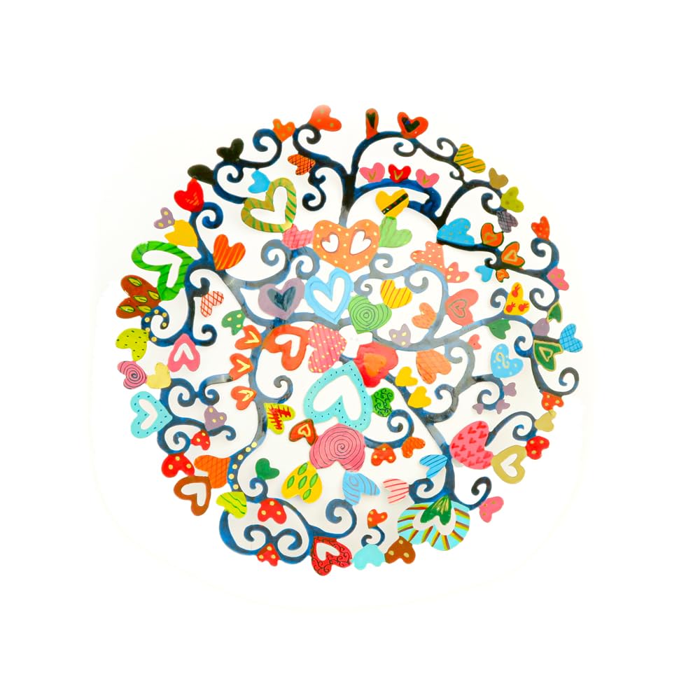 EMANUEL Yair Decorative Metal Fruit Bowl | Vibrant Hand Painted Bowl | Hangable Centerpiece Bowl for Home Decor and Gifting | Judaica Art (14 inch, Hearts)
