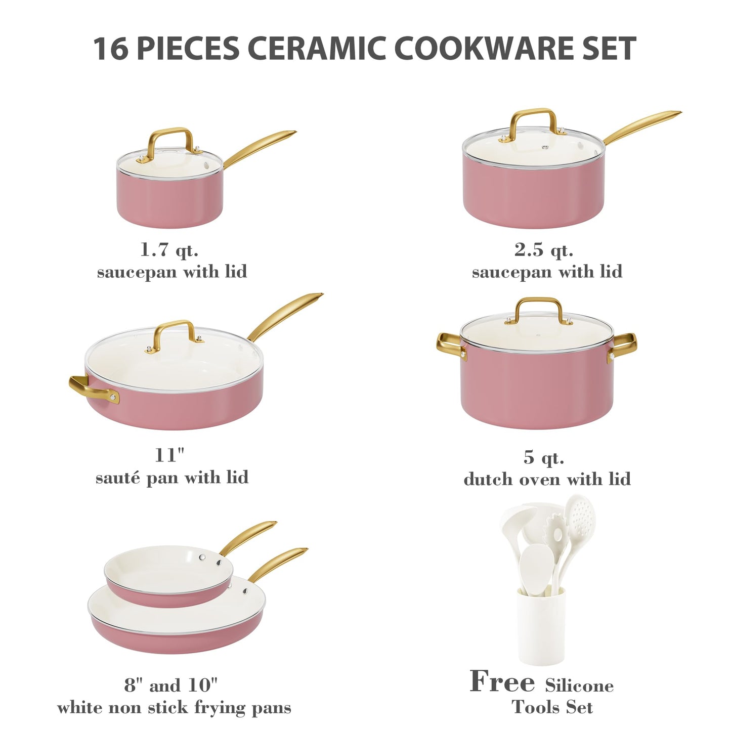Ceramic Pots and Pans Set - Voniki Non-Toxic Cookware Set with Cooking Utensils Set, Kitchen Cookware Sets Dutch Oven Pot Saucepan Set Sauté Pan Frying Pan Set for Cooking Pot Gold Kitchenware Gift