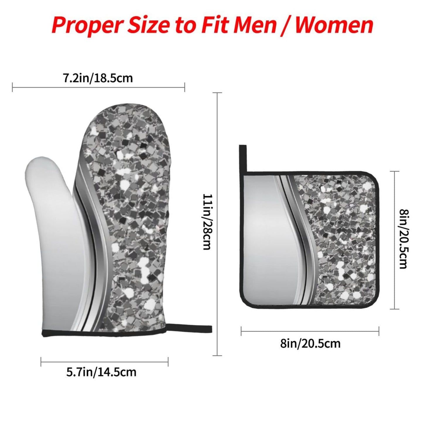 Silver Sparkle Glam Bling Oven Mitts and Pot Holders 4 Pcs Set,High Heat Resistant 500 Degree Extra Thicken Long Kitchen Cotton Oven Glove for Cooking