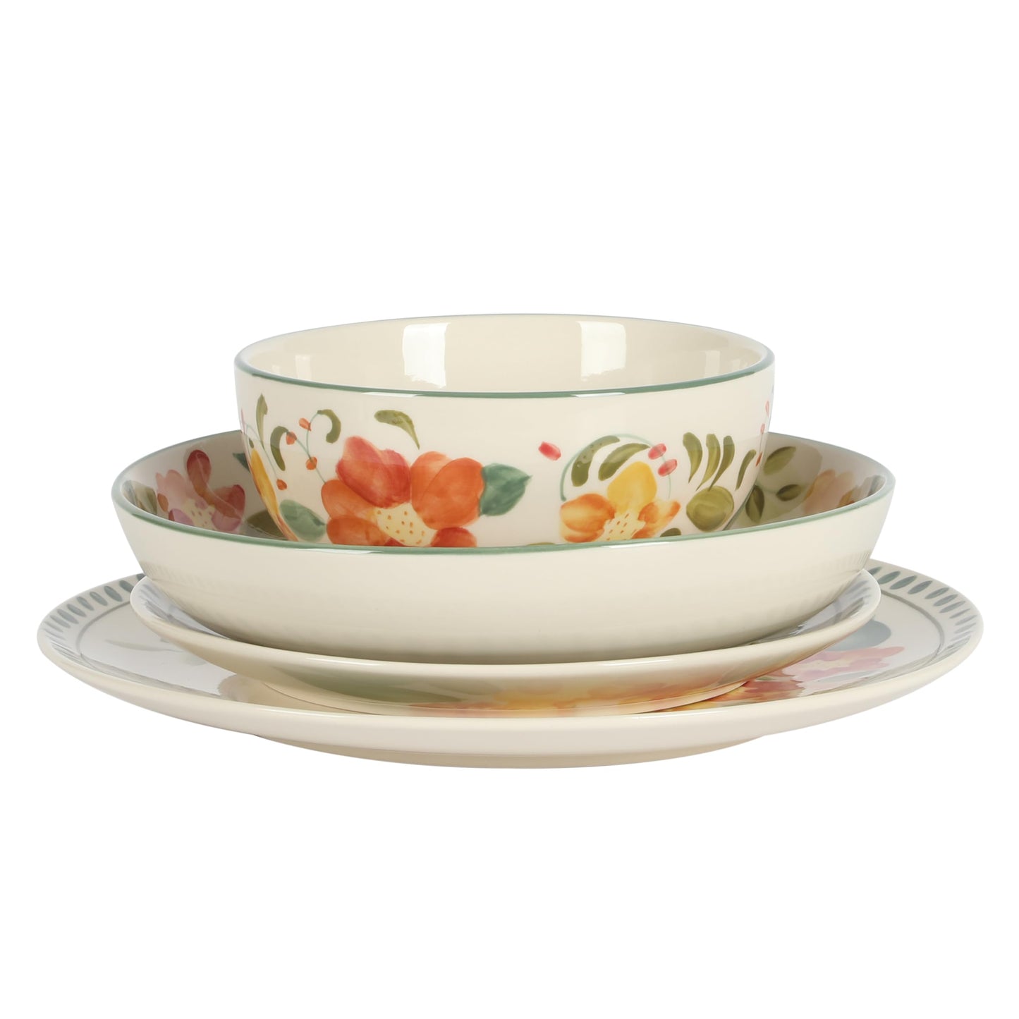 Bloomhouse Cassia Bud 16 Piece Double Bowl Hand Painted Stoneware Plates and Bowls Floral Dinnerware Set
