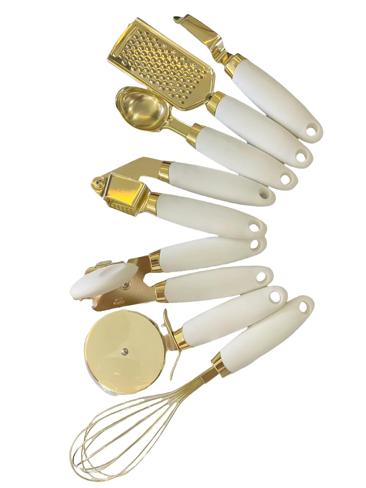 White & Gold Kitchen Tools and Gadgets - Luxe 7PC Cooking Tools and Gadgets with Anti-Slip Handles, Gold Utensils Set, Gold Kitchen Accessories,Premium Kitchen Gadget Set (Champagne gold & white)