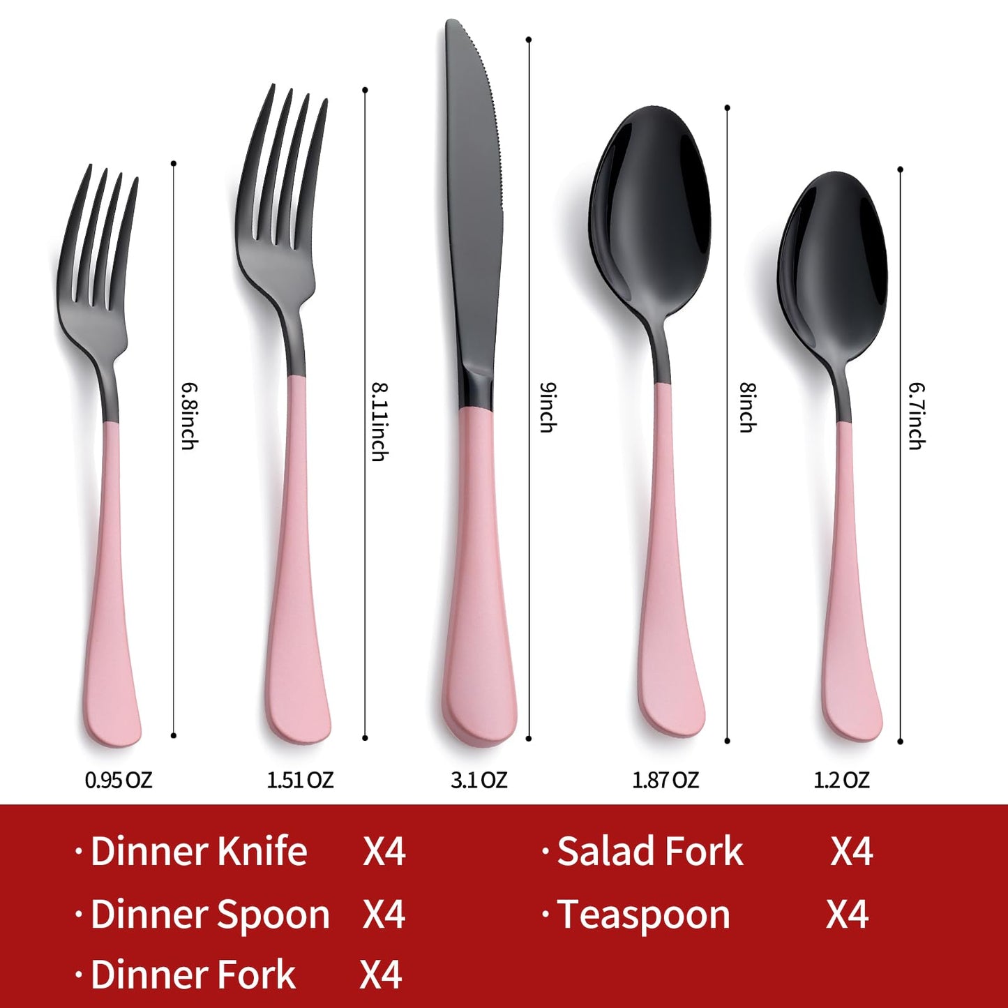 Black and Pink 20-Piece Silverware Set 18/0 Stainless Steel Flatware Warm Pink Handle Cutlery Set Service for 4 Dinner Knives Forks Spoons Set Mirror Finish Dishwasher Safe
