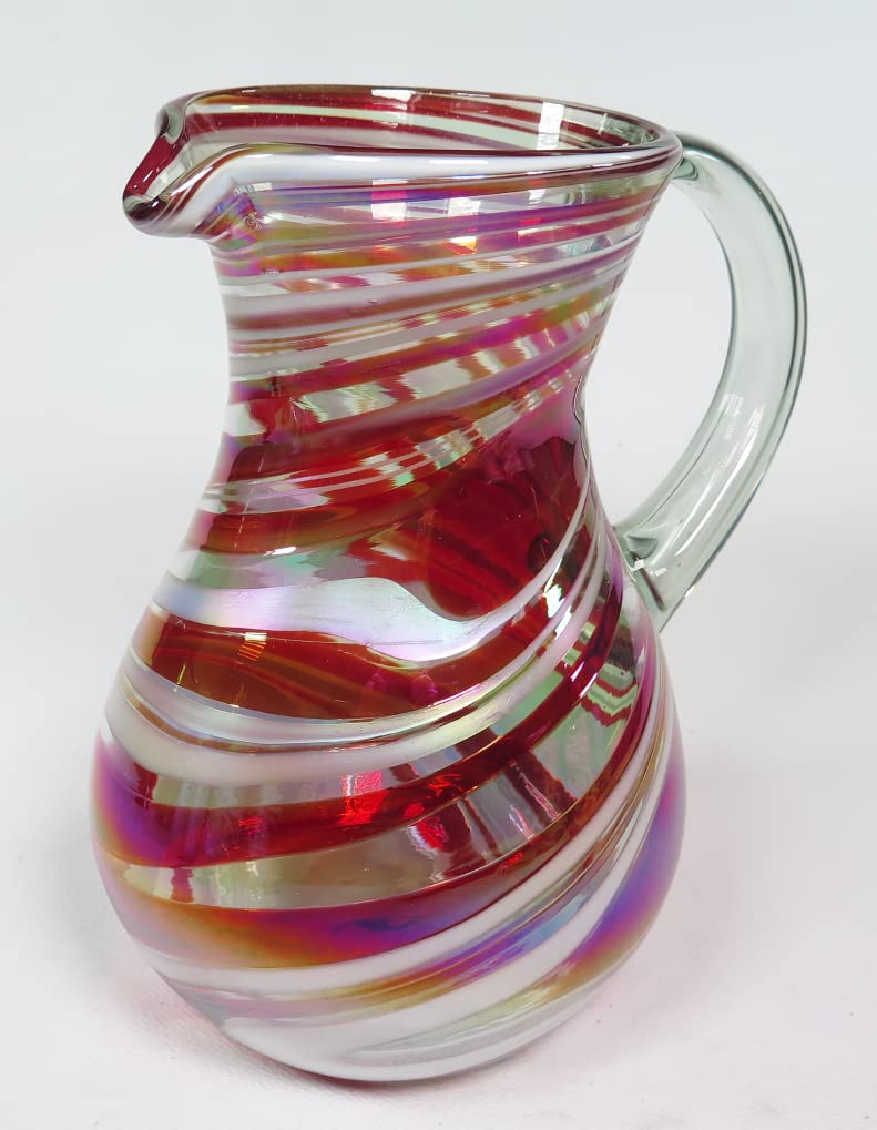 Hand-Blown Glass Margarita or Juice Pitcher, Red White Swirl Design for 8 Cups (64 Oz.)