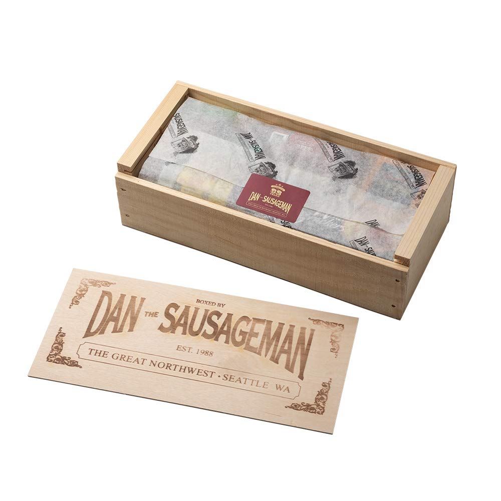 Dan the Sausageman's Favorite Gourmet Gift Basket Featuring Naturally Smoked Summer Sausages, Savory SeaBear Salmon, Wisconsin Cheese, Sweet Hot Mustard, and Keepsake Wood Pine Crate. Gift Messaging Available