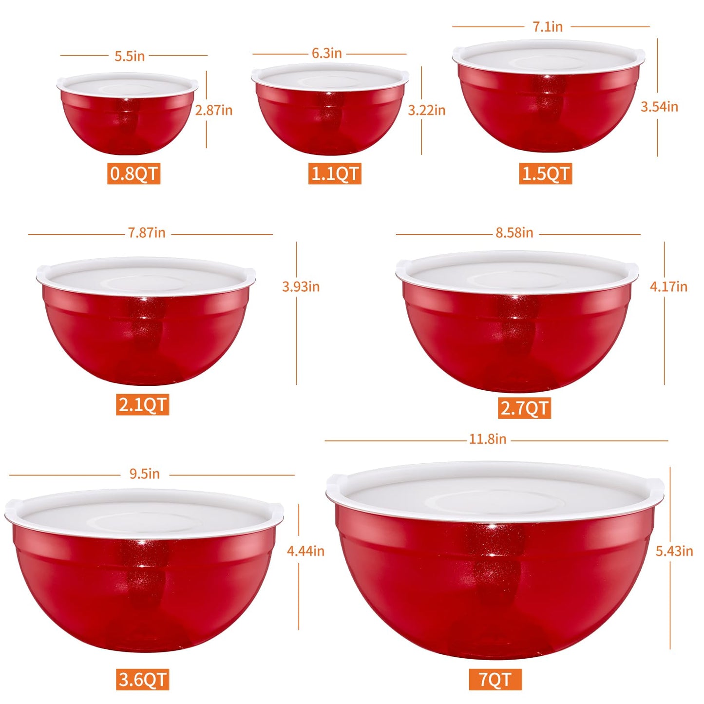 Moxinox Red Mixing Bowls with Airtight Lids, Stainless Steel Nesting Mixing Bowls Set of 7, Ideal for Baking, Prepping and Serving Food, Size 7, 3.6, 2.7, 2.1, 1.5, 1.1,0.8 QT, Stackable Design