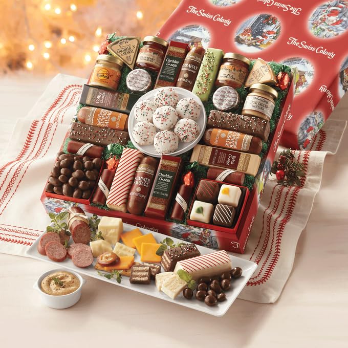 The Swiss Colony 27 Favorites Foods Gift Set, Summer Sausage Meats and Cheeses, Assorted Chocolates, Candies, Petits Fours, Cheese and Charcuterie Board Gifts Basket