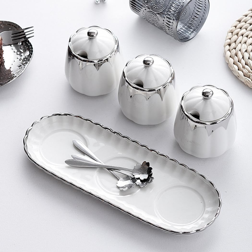 Magnitt Porcelain Condiment Jar Spice Container with Lids, Spoon and Tray, Set of 3,Modern Spice Box Seasoning Jar for Your Home, Kitchen, Counter (White silver)