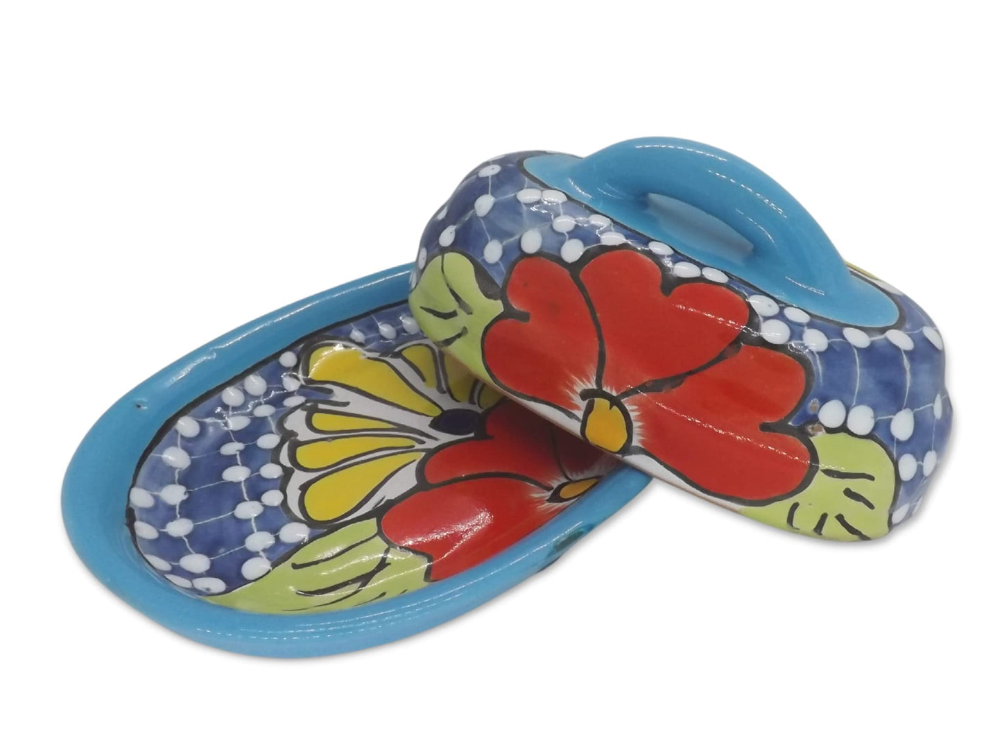 MEXTEQUIL - Butter Dish Ceramic Talavera with Lid Hand Painted Authentic Mexican Pottery Kitchen Floral Design (Aqua)