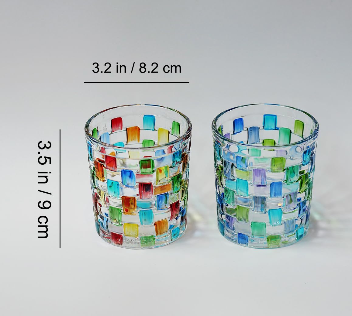 TUCHACA Colored Water Glasses. Colorful Drinking Glass Cups Set of 2 (2 colors). Whiskey Tumblers 10 oz. Renaissance Hand Painted Stained Glasses. The Gift for Cups Enthusiasts.