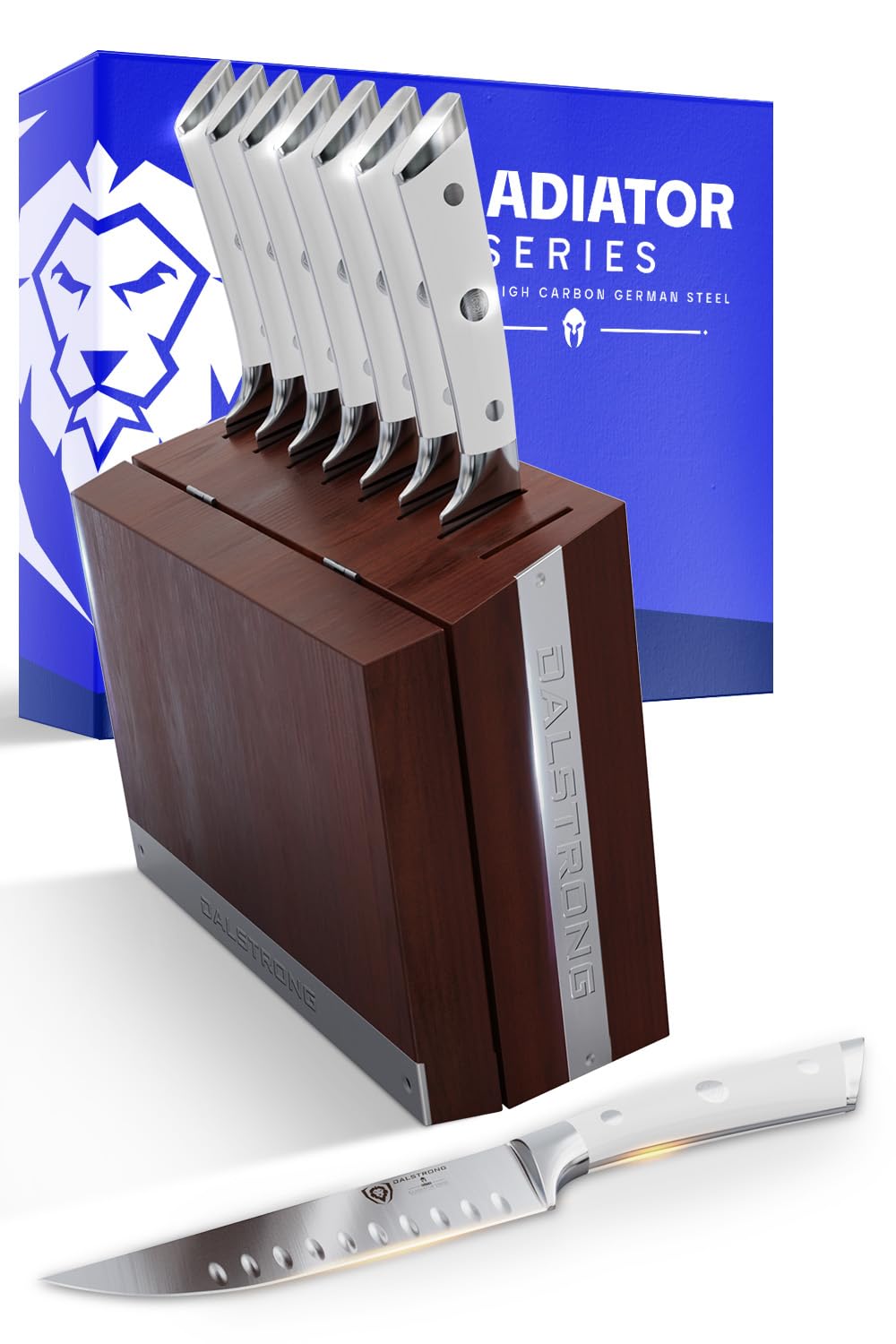 Dalstrong Steak Knife Set with Folding Block - 8-Piece - Gladiator Series - 5" Straight Edge Blade - Forged High-Carbon German Steel - w/Modular Storage Block - Glacial White ABS Handle - NSF Certified