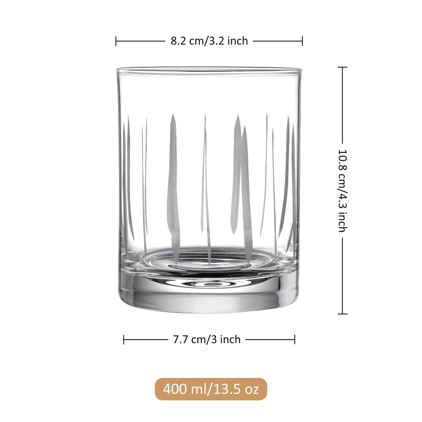 Joeyan Hand Blown Etched Whiskey Glasses,Old Fashioned Tumblers with Stripes Dots Pattern,Clear Carved Rocks Glasses,Scotch Bourbon Glassware for Party Anniversary,13.5 oz,Set of 4,Dishwasher Safe