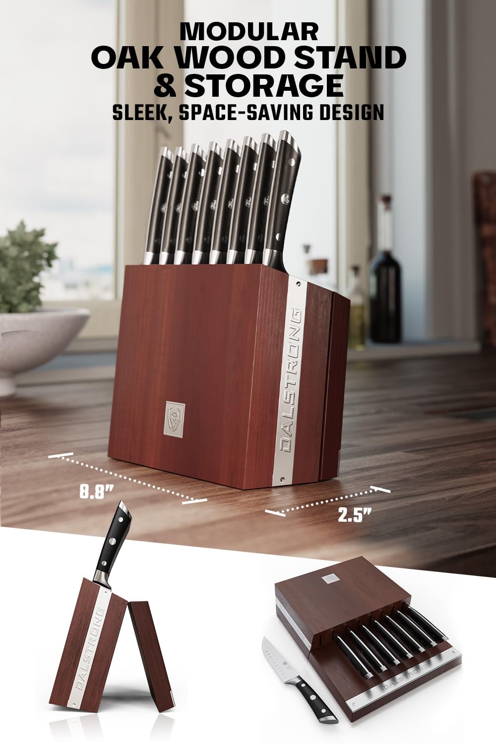 Dalstrong Steak Knife Set - 8 Piece - 5-Inch Straight Edge Blade - Gladiator Series Elite - Forged High-Carbon German Steel Dinner Kitchen Knife - Black G10 Handle - Folding Block Set - NSF Certified