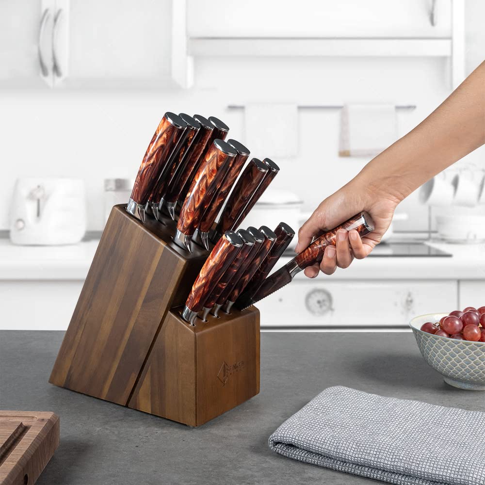 SENKEN 16-Piece Natural Acacia Wood Kitchen Knife Block Set - Japanese Chef's Knife Set with Laser Damascus Pattern, Includes Steak Knives, Kitchen Shears, Santoku, Cleaver & More (Red Resin Handles)