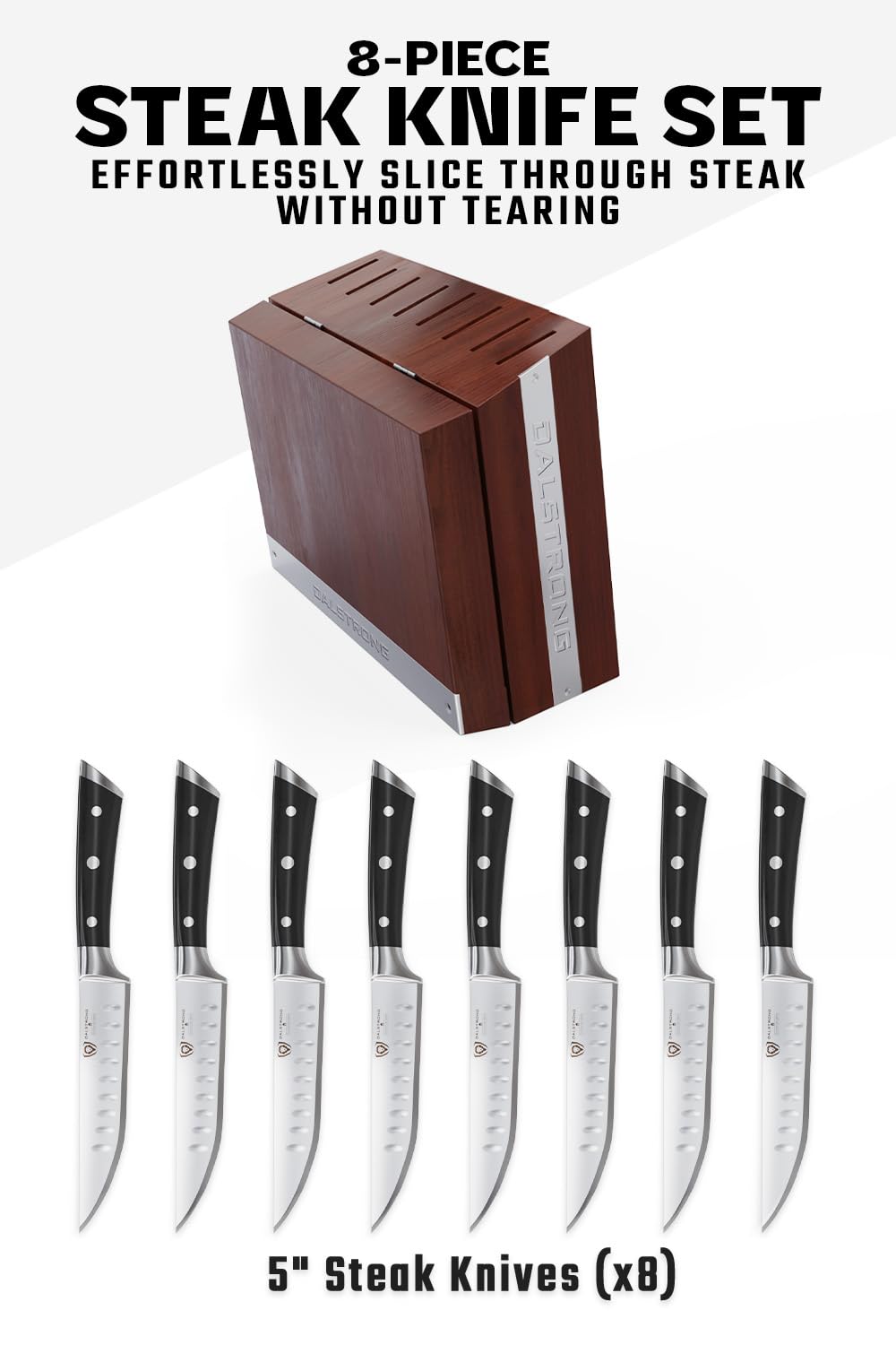 Dalstrong Steak Knife Set - 8 Piece - 5-Inch Straight Edge Blade - Gladiator Series Elite - Forged High-Carbon German Steel Dinner Kitchen Knife - Black G10 Handle - Folding Block Set - NSF Certified