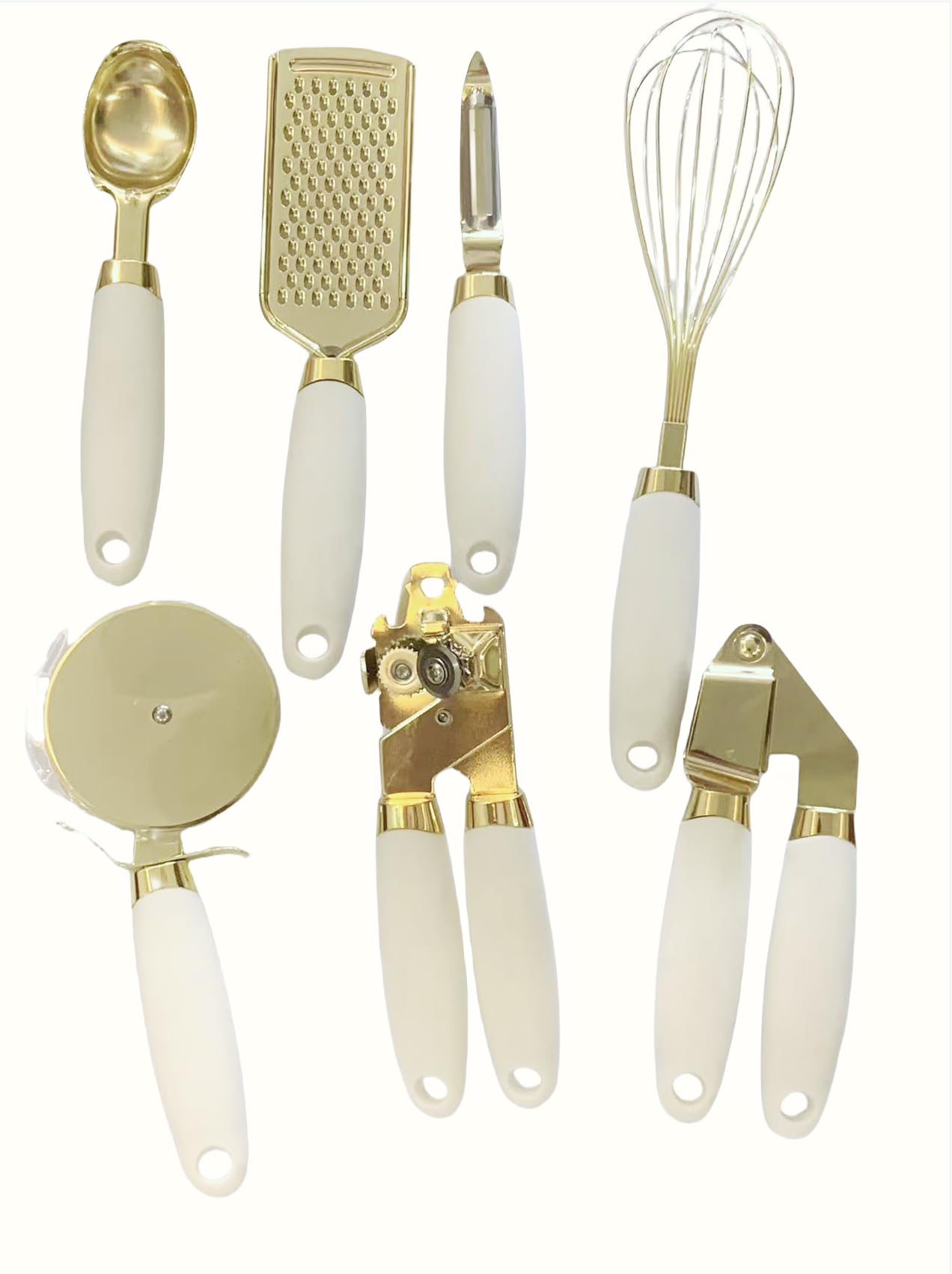 White & Gold Kitchen Tools and Gadgets - Luxe 7PC Cooking Tools and Gadgets with Anti-Slip Handles, Gold Utensils Set, Gold Kitchen Accessories,Premium Kitchen Gadget Set (Champagne gold & white)