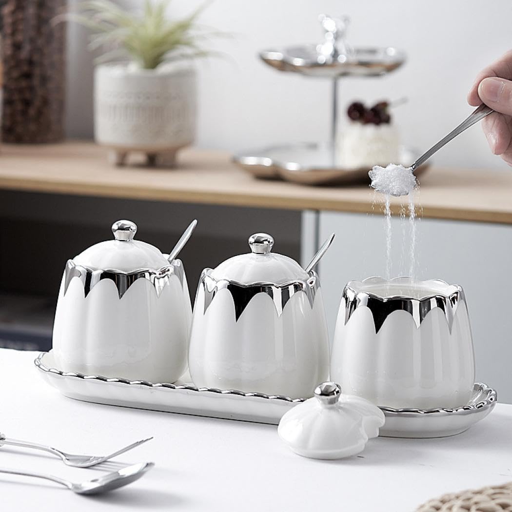 Magnitt Porcelain Condiment Jar Spice Container with Lids, Spoon and Tray, Set of 3,Modern Spice Box Seasoning Jar for Your Home, Kitchen, Counter (White silver)