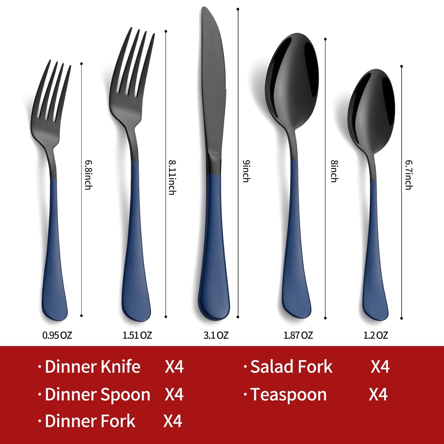 Black and Blue 20-Piece Silverware Set 18/0 Stainless Steel Flatware Sapphire Blue Handle Cutlery Set Service for 4 Dinner Knives Forks Spoons Set Mirror Finish Dishwasher Safe