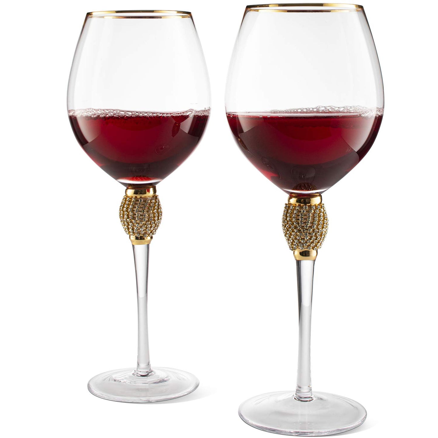 The Wine Savant Large Diamond Wine Glasses, Gold Rim Rhinestone Diamond Glasses - Wedding Glasses - 15 Ounce, Premium Designed Wine Glasses for Spirits and Wine, Gift Boxed (2, Clear)