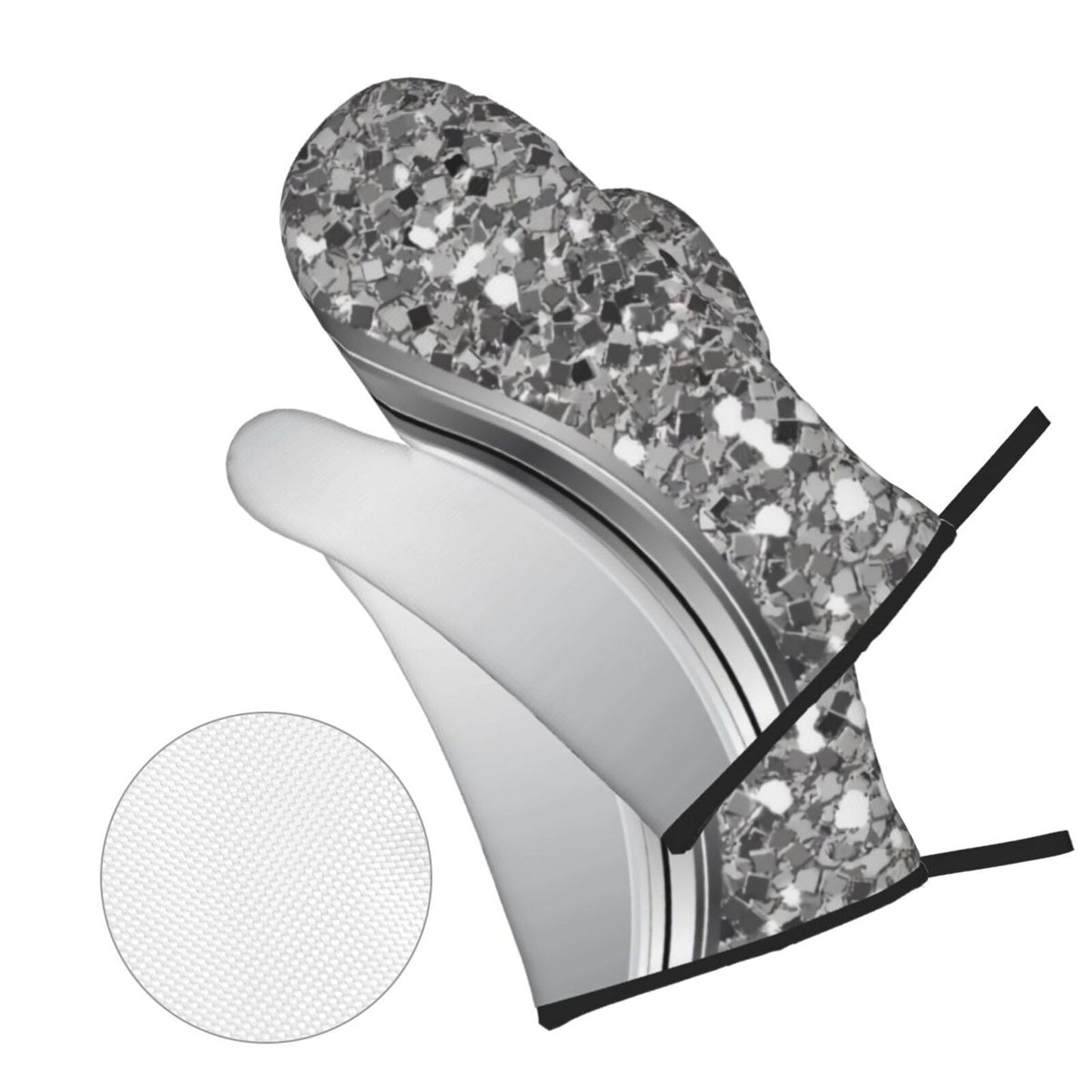 Silver Sparkle Glam Bling Oven Mitts and Pot Holders 4 Pcs Set,High Heat Resistant 500 Degree Extra Thicken Long Kitchen Cotton Oven Glove for Cooking