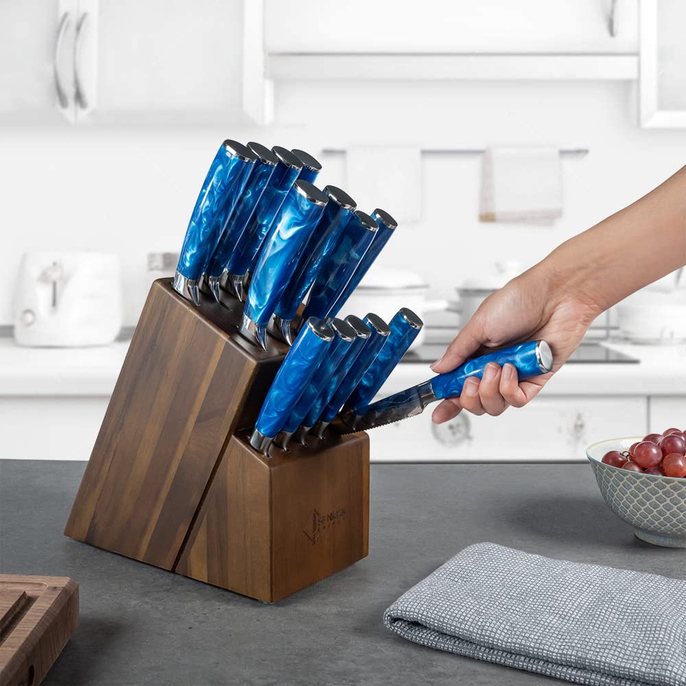 SENKEN 16-Piece Kitchen Knife Block Set - Japanese Chef's Knife Set with Laser Damascus Pattern, Includes 6 Steak Knives and Smoothly-Finished Acacia Hardwood Knife Block (Blue Resin Handles)