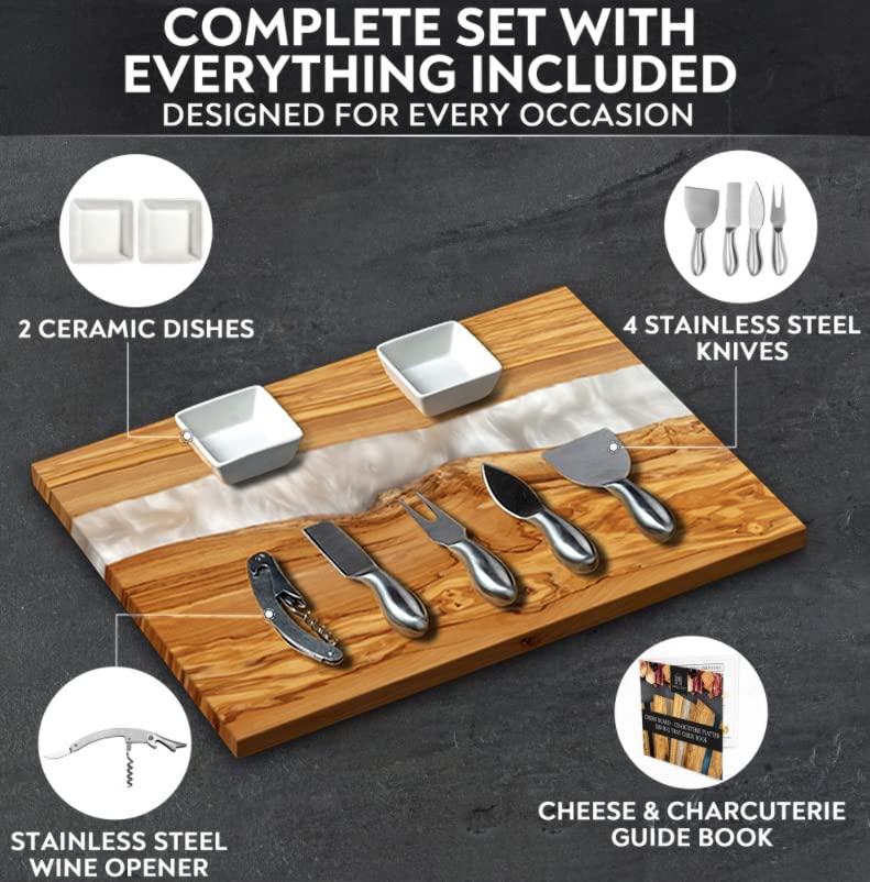 Handcrafted Italian Olive Wood Cheese and Charcuterie Board Set with Unique White Pearl Resin Artwork - Cutting Board Comes with 4 Cheese Knives, 2 Dipping Bowls & Corkscrew Wine Opener (White Pearl)